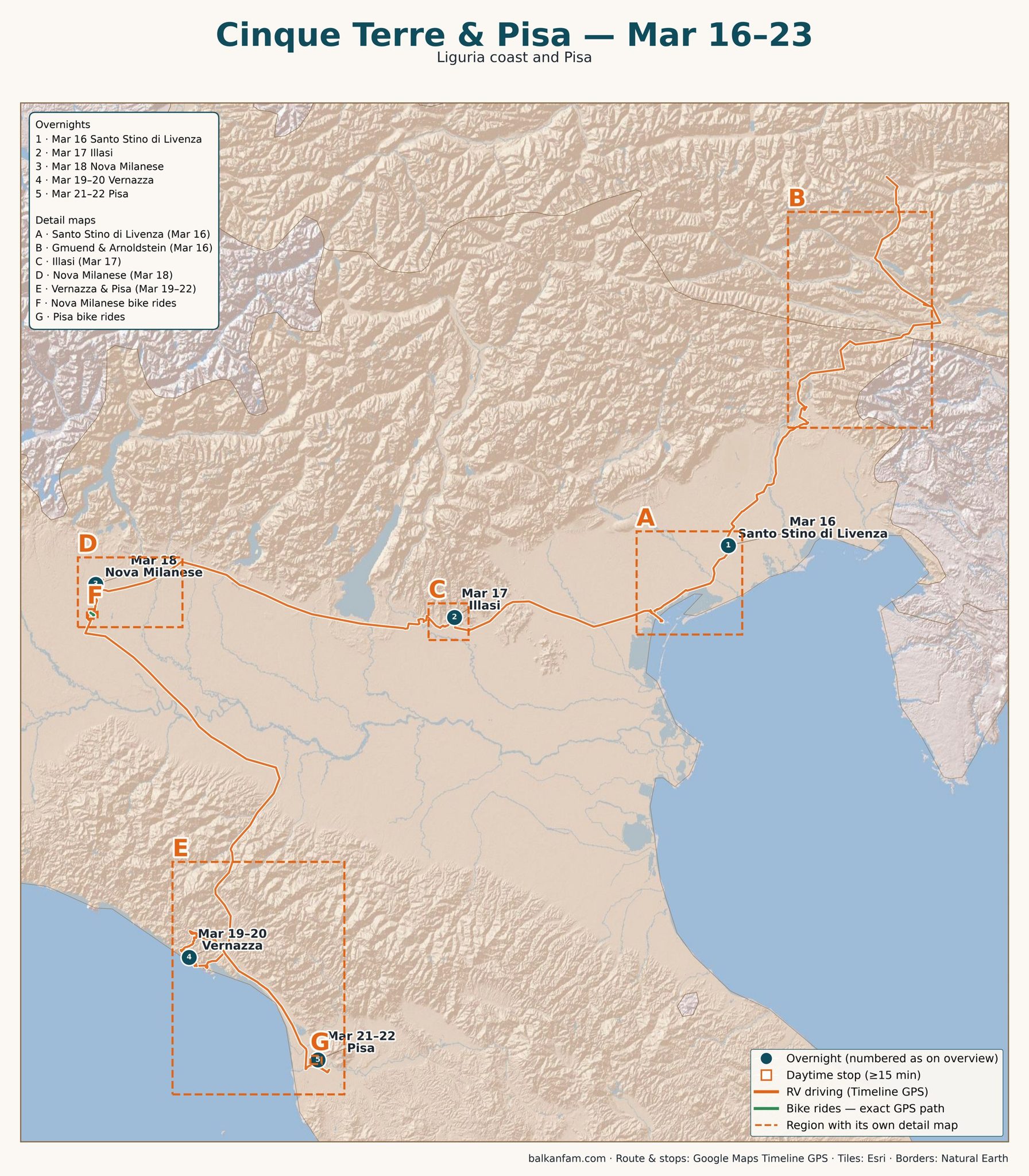 Overview map of the route from the Alps through Venice, Milan and the Cinque Terre to Pisa