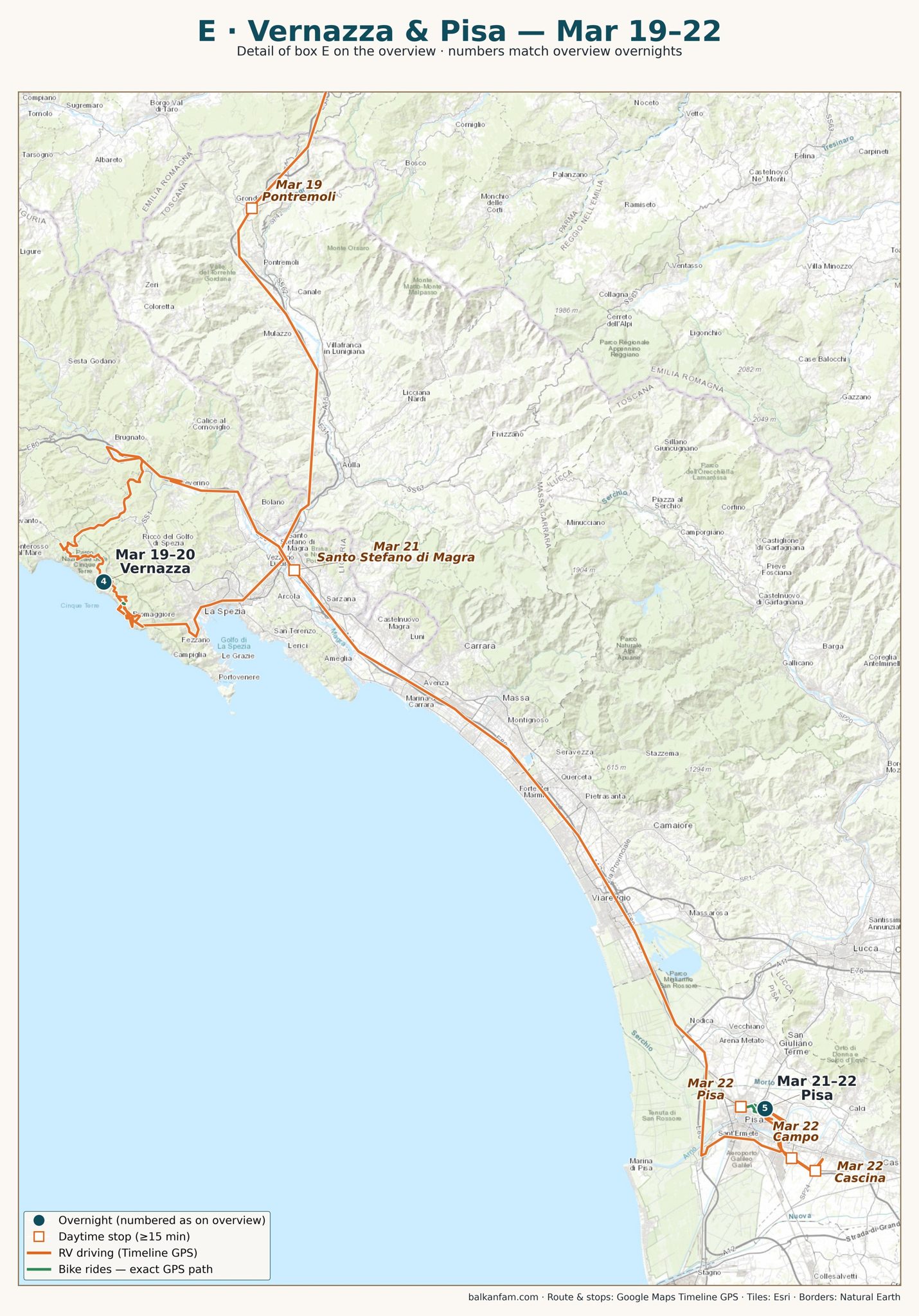 Detail map of the Cinque Terre and Pisa
