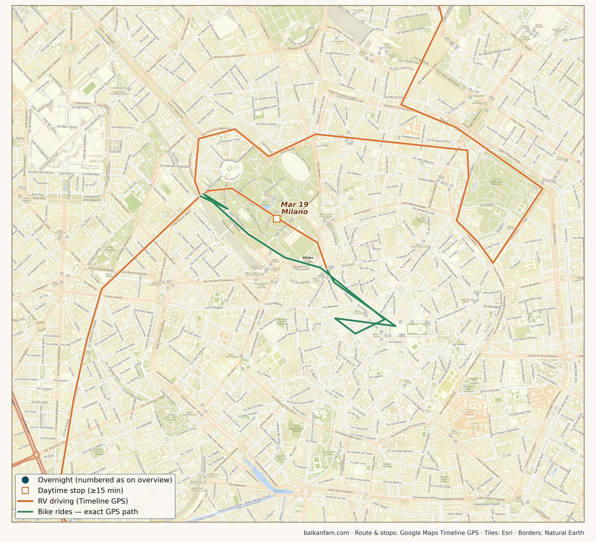 Map of our bike ride through central Milan