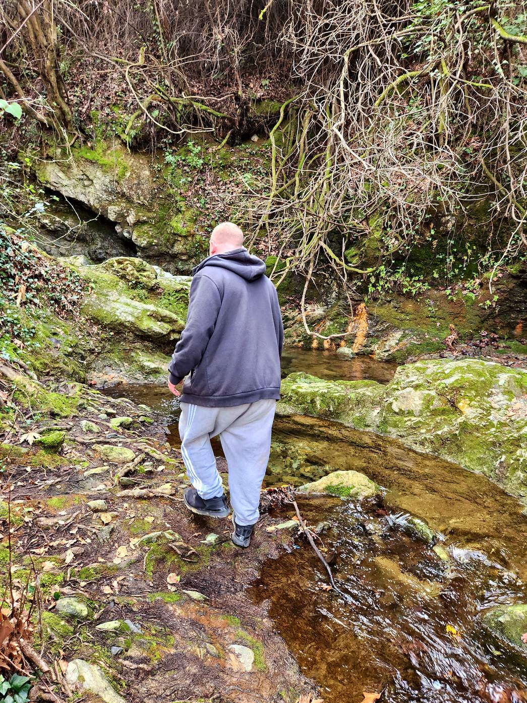 Dad hopping across creek stones