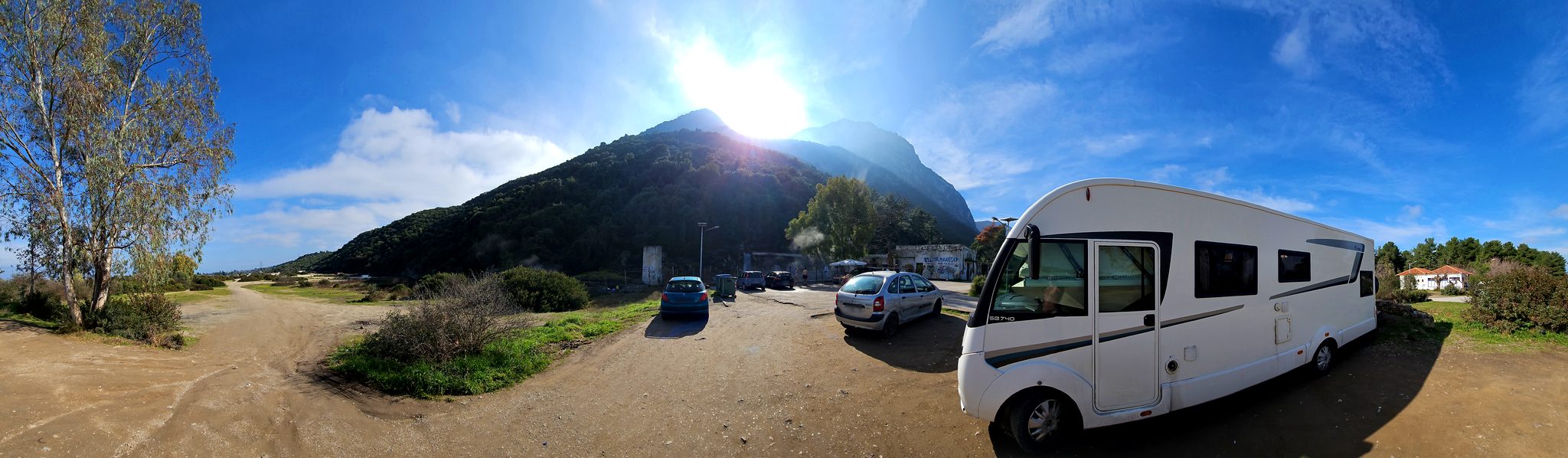 Motorhome parked at the Thermopylae hot springs camp below the Kallidromo mountains
