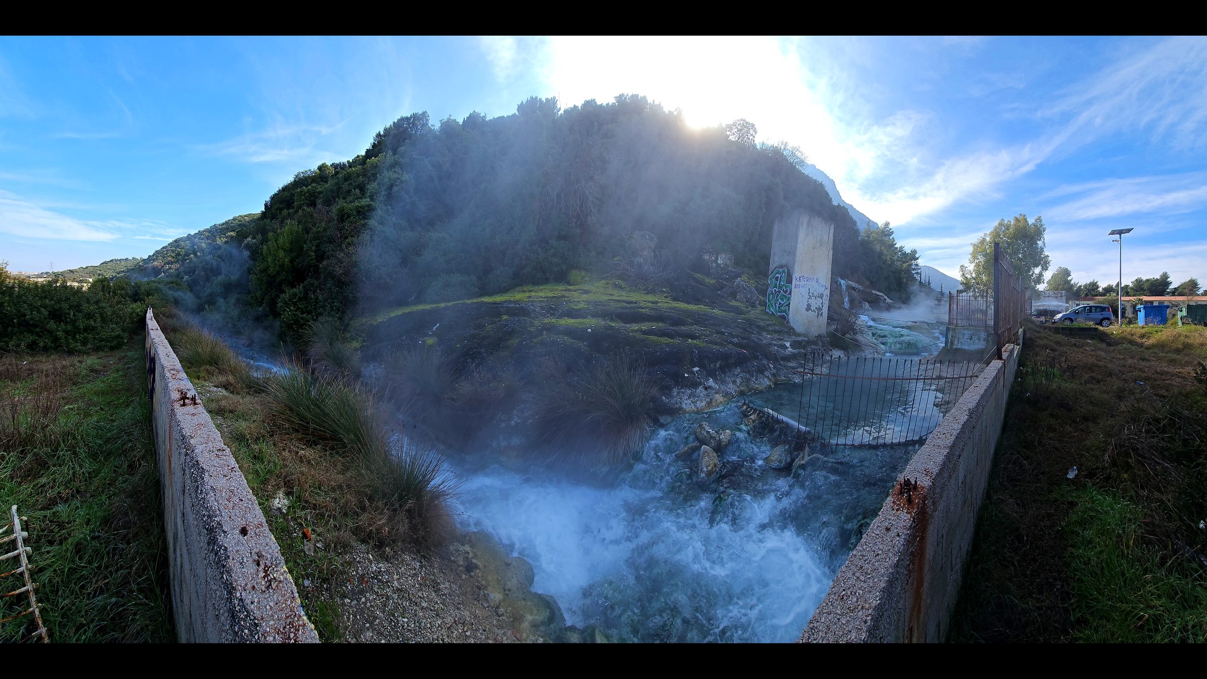 Steaming thermal stream at the Thermopylae hot springs