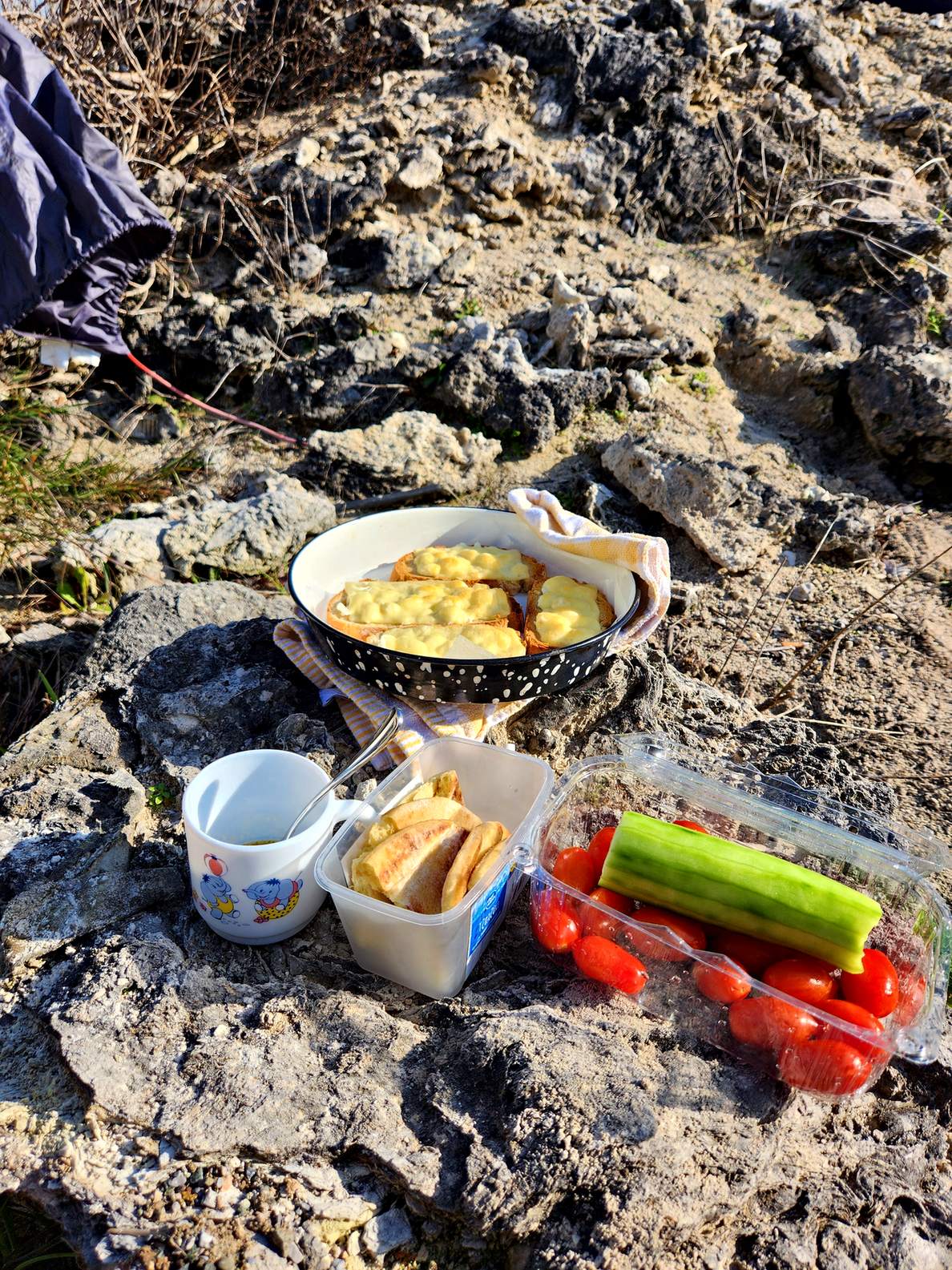 Picnic of toast, cucumber and tomatoes on the rocks