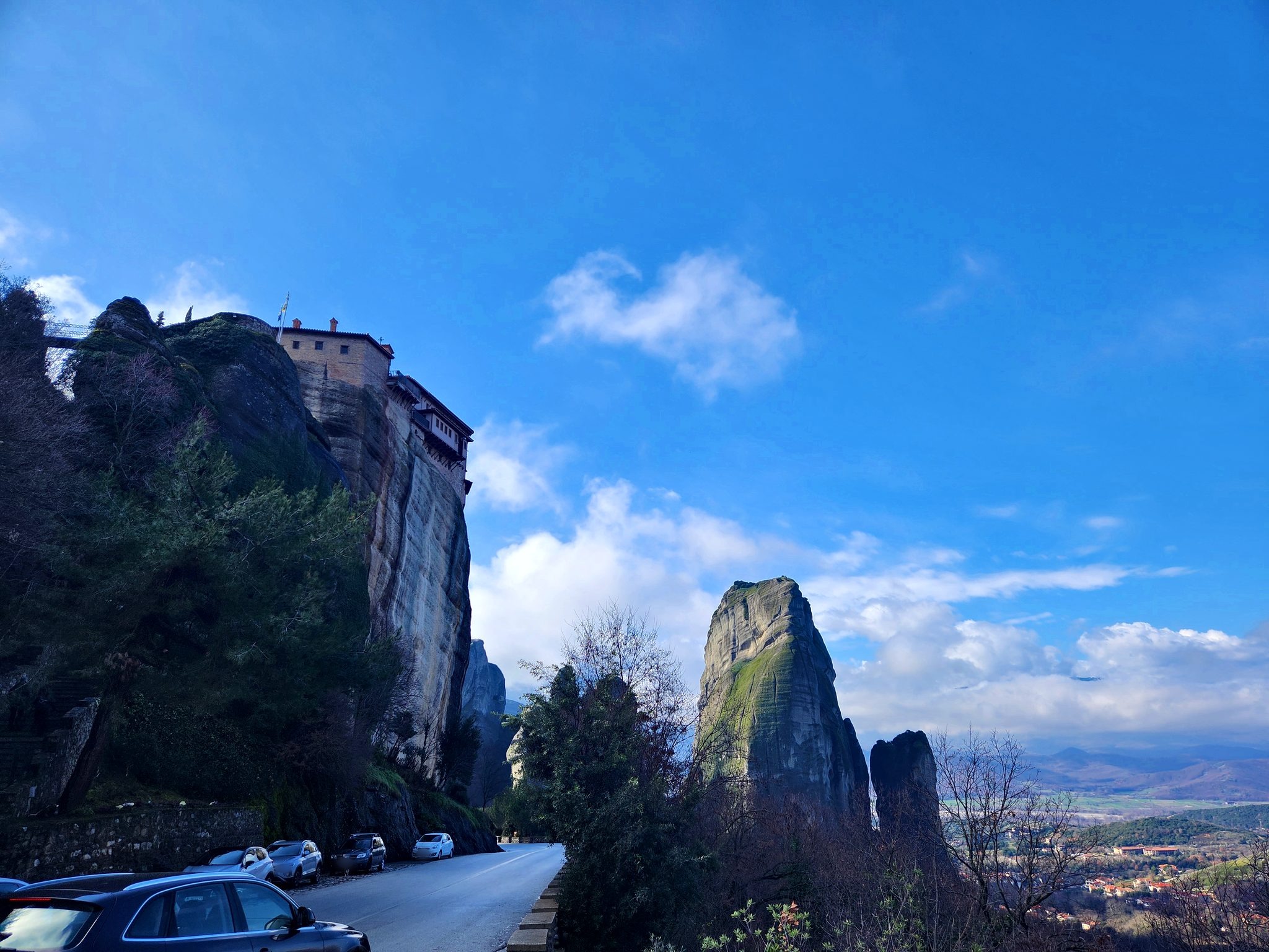 Rock towers and a perched monastery on the approach